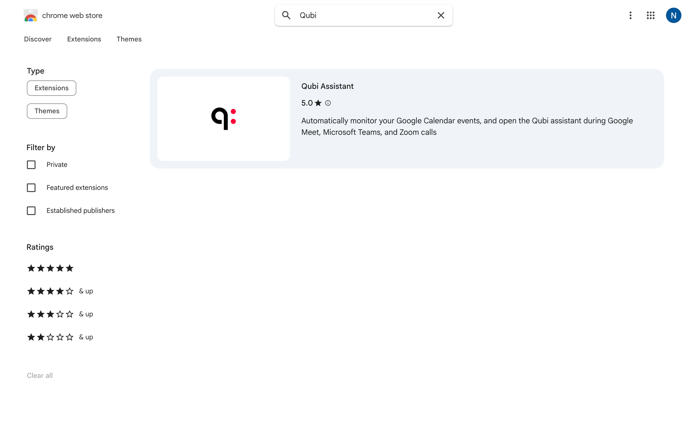 Qubi Assistant in the Chrome Web Store search results
