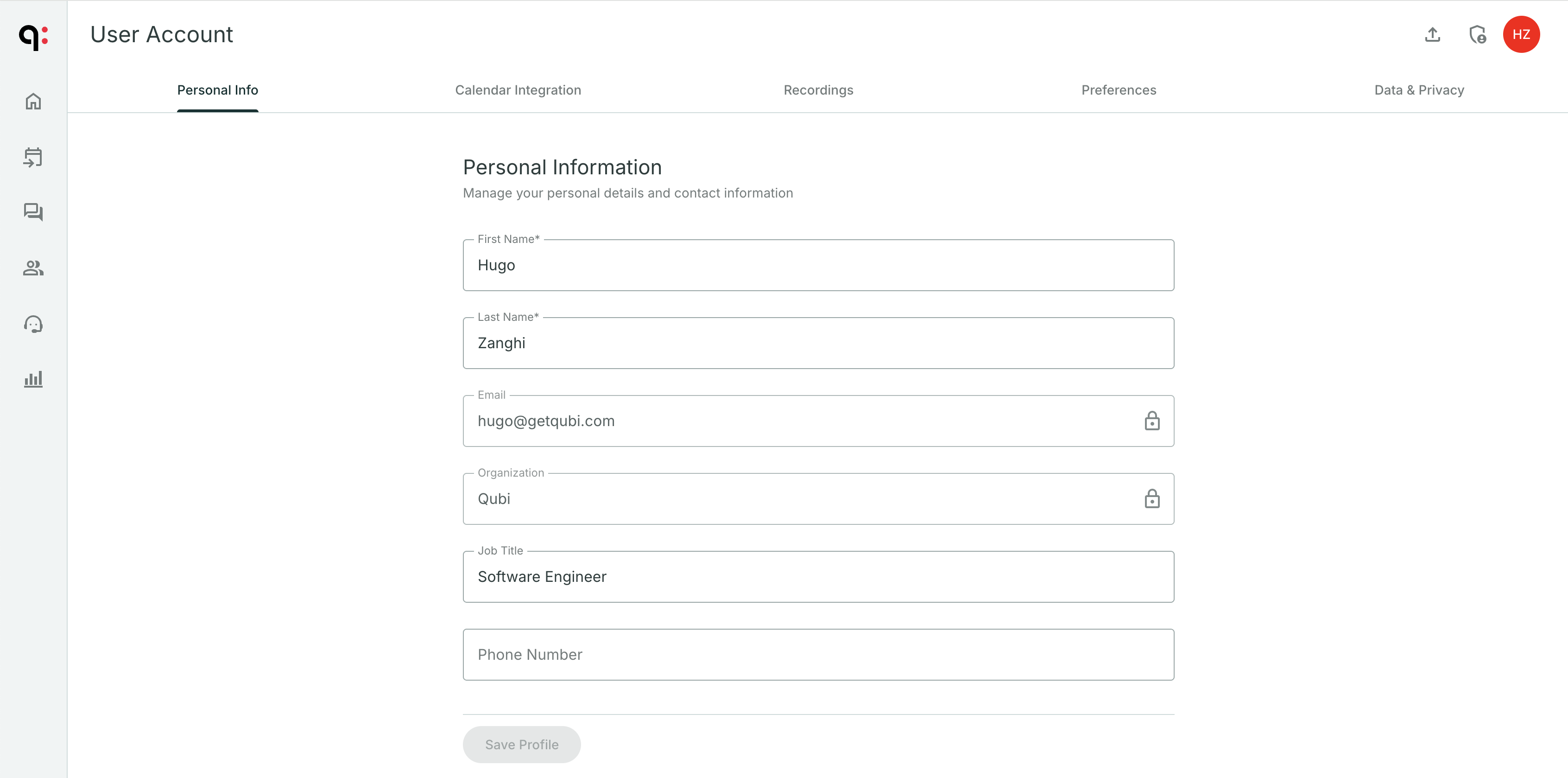 Personal Info settings