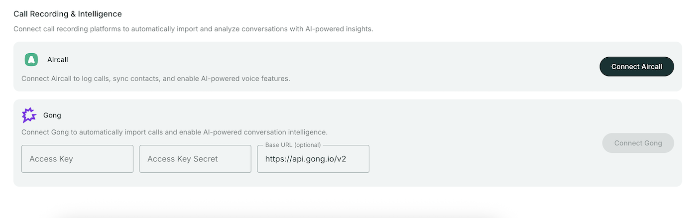 Aircall and Gong integrations in Settings