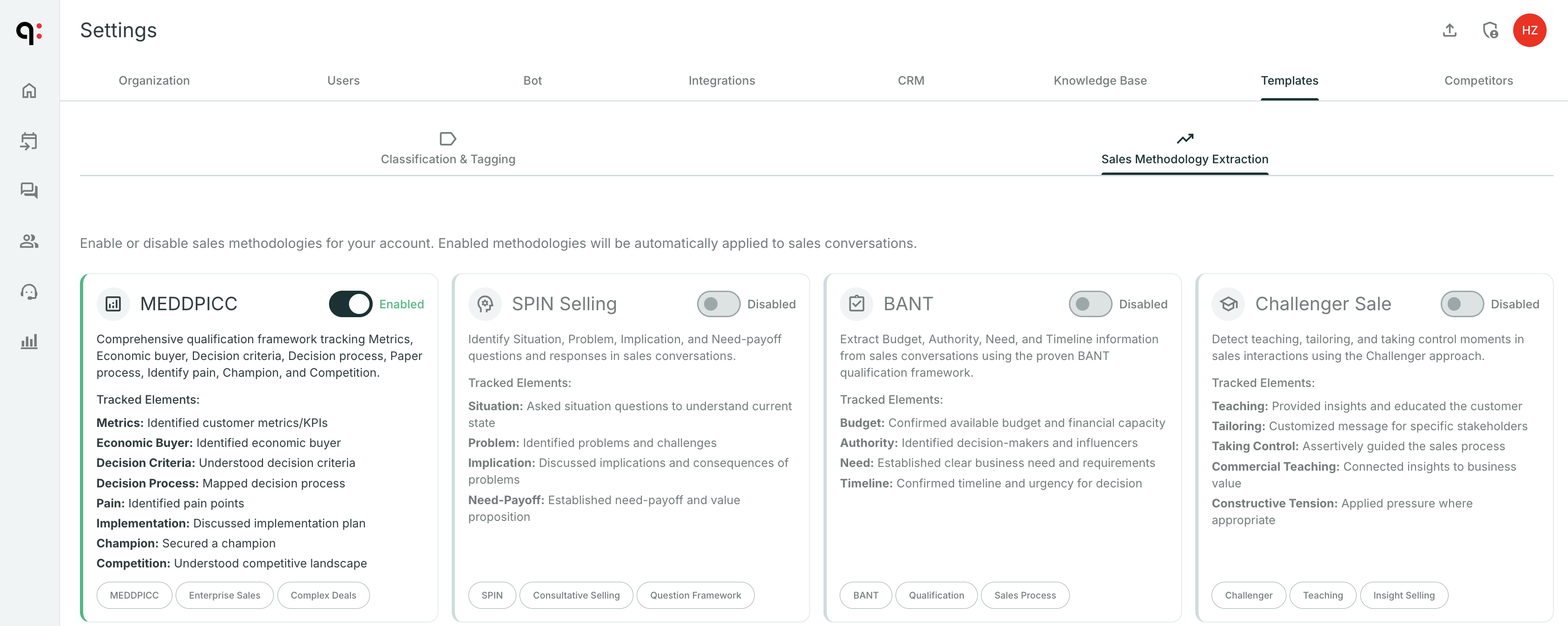 Sales Methodology settings