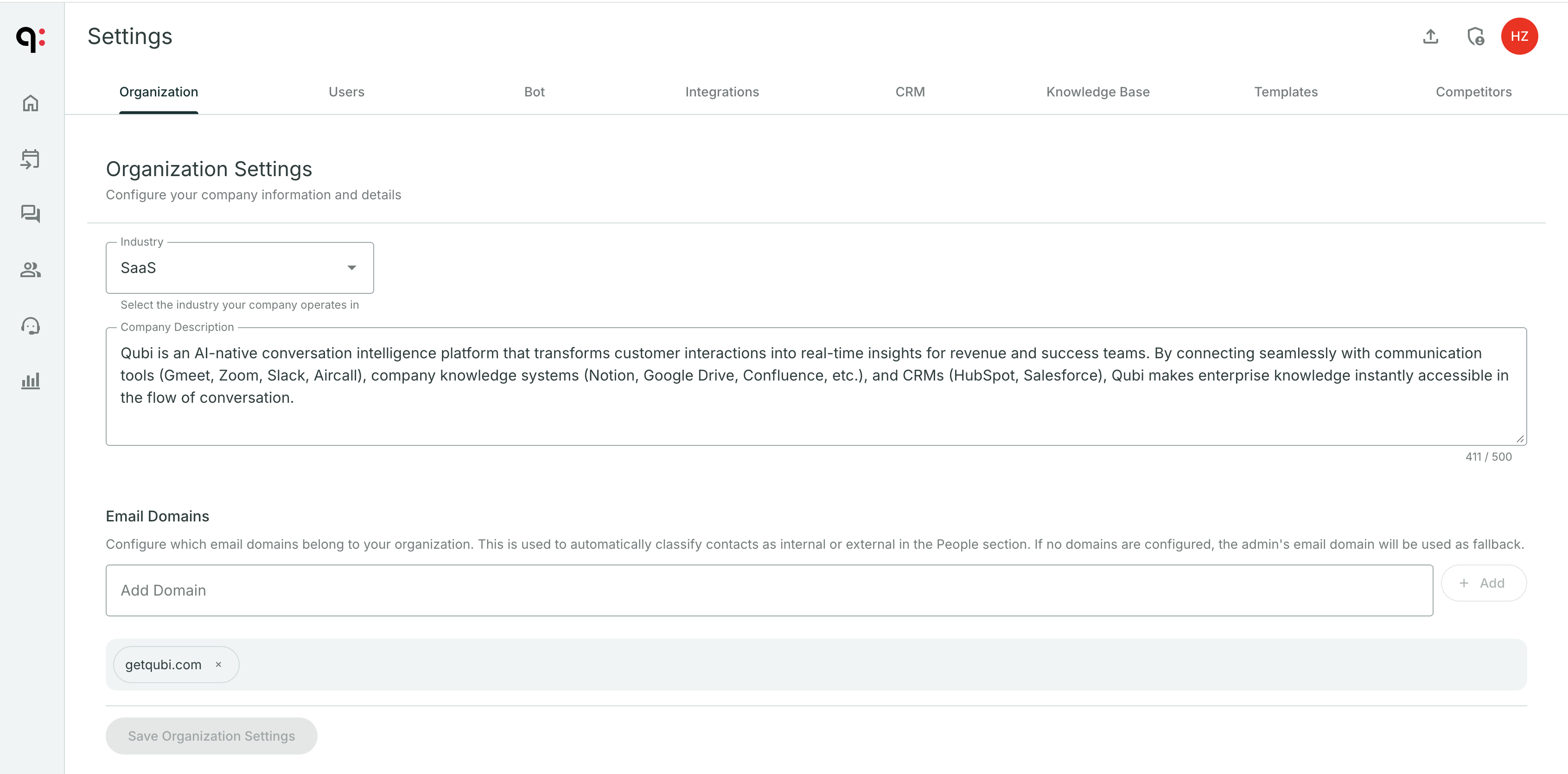 Organization settings