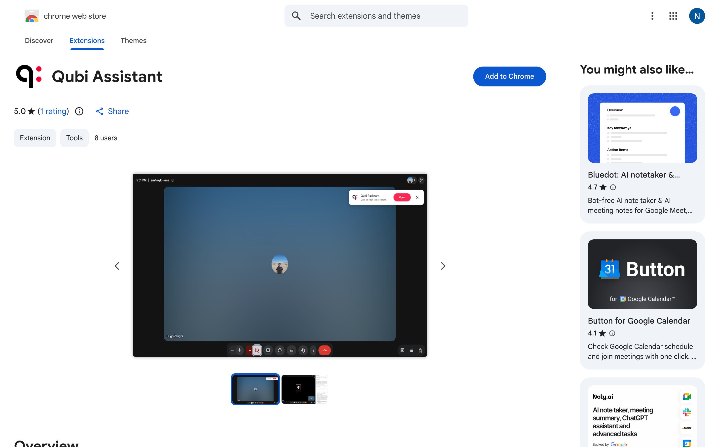 Qubi Assistant listing in the Chrome Web Store