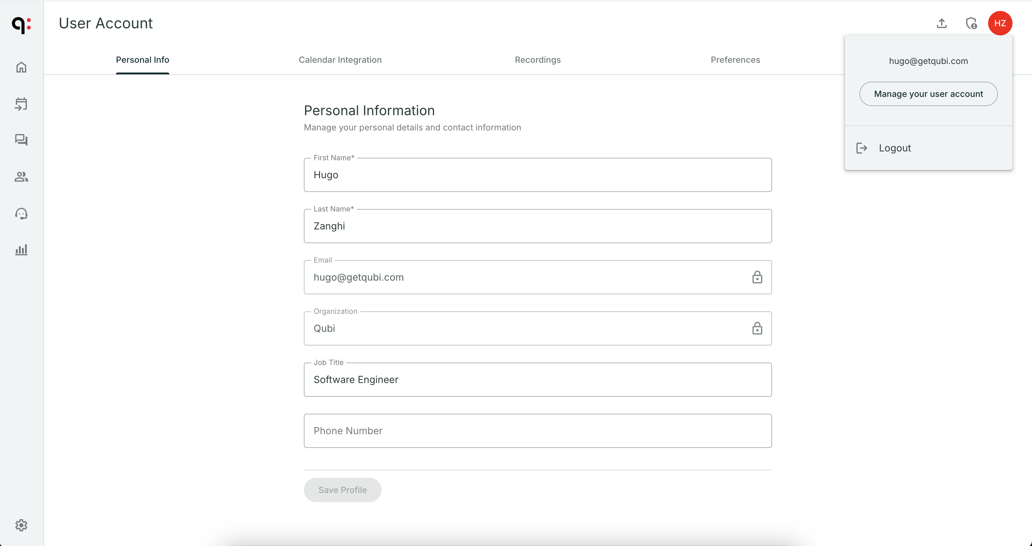 User settings overview