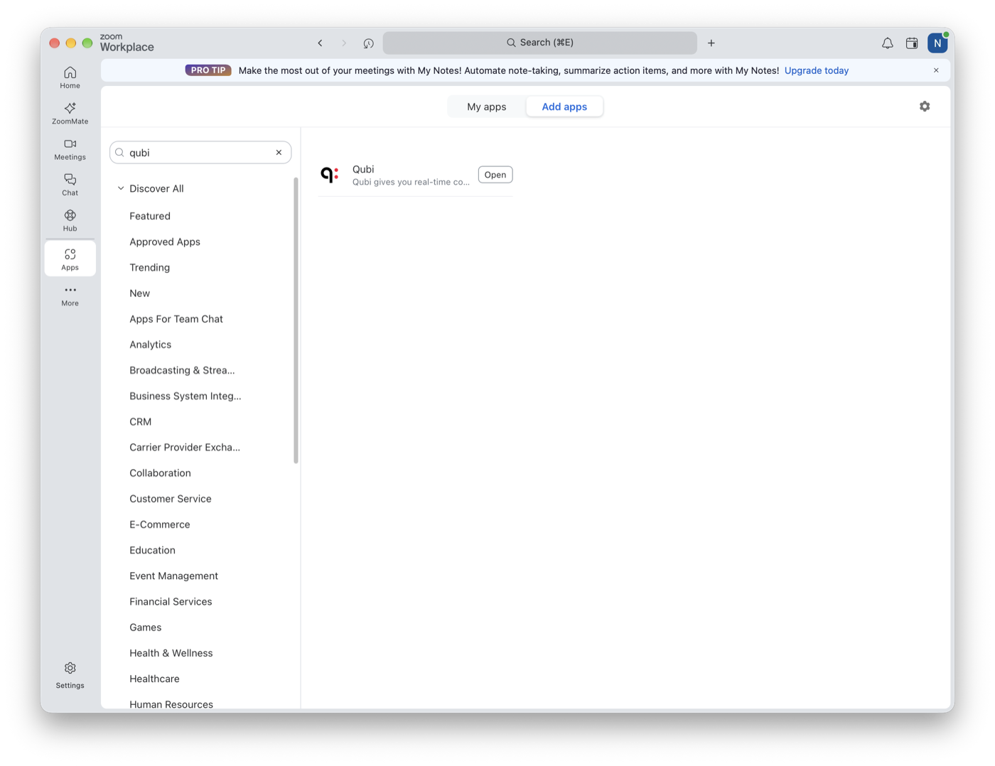 Qubi in the Zoom client's Apps tab